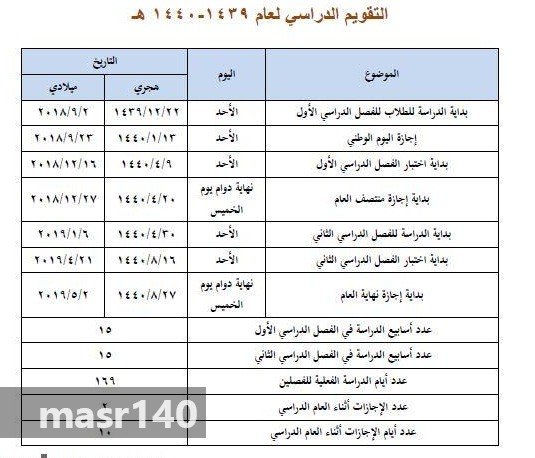 التقويم الدراسي 1440