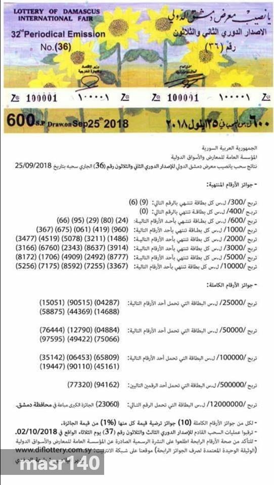 نتائج سحب يانصيب معرض دمشق الدولي الاصدار رقم (36) 25 سبتمبر